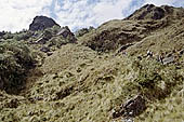 Inca Trail   trekkers descending from Runkuraqay Pass